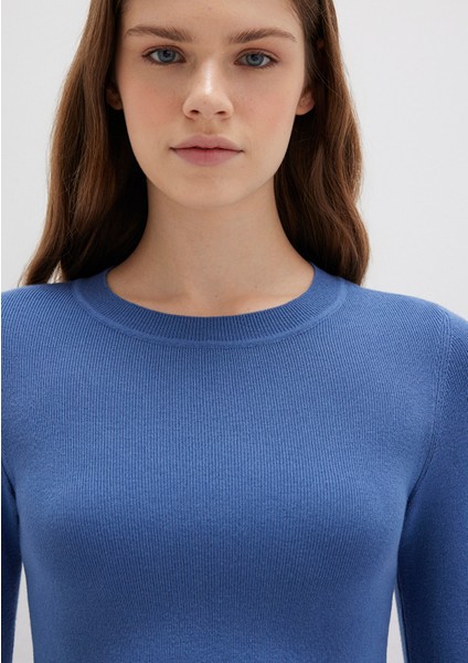 Bisiklet Yaka Mavi Crop Kazak 1710474-70738