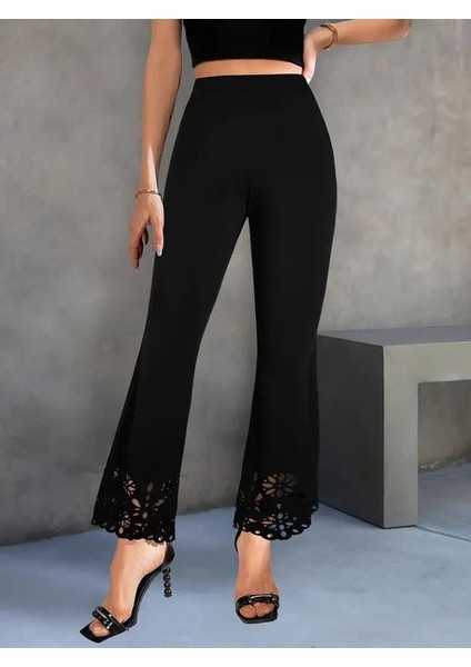 Kadın Yüksek Bel Paçaya Doğru Genişleyen Lazer Çiçek Kesim Detaylı Ithal Krep Pantolon fırsatları