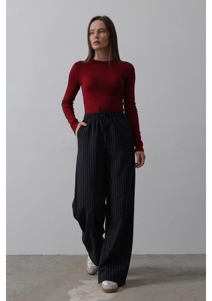 Beli Lastikli Bol Paça Pantolon - Lacivert-Beyaz modelleri