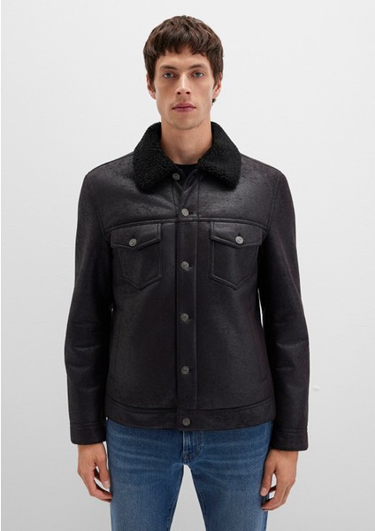 Suni Kürk Detaylı Siyah Suni Deri Ceket 0110460-71379