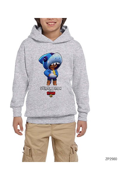Brawl Stars Shark Leon Gri Çocuk Kapşonlu Sweatshirt