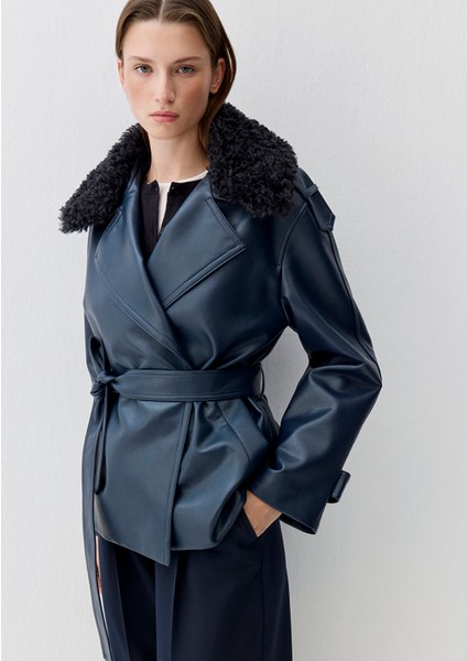 Lacivert Suni Kürk Detaylı Suni Deri Ceket 1110717-87822