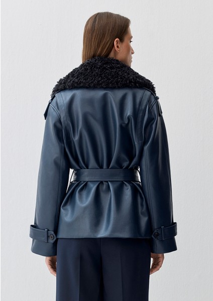 Lacivert Suni Kürk Detaylı Suni Deri Ceket 1110717-87822