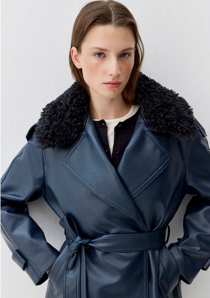 Lacivert Suni Kürk Detaylı Suni Deri Ceket 1110717-87822