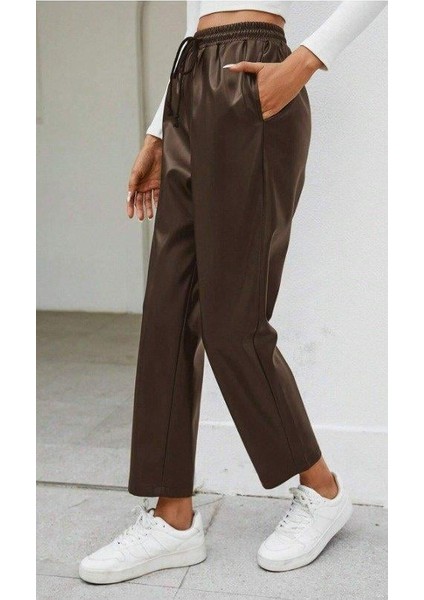 Kadın Yüksel Bel Bağcıklı Deri Pantolon modelleri