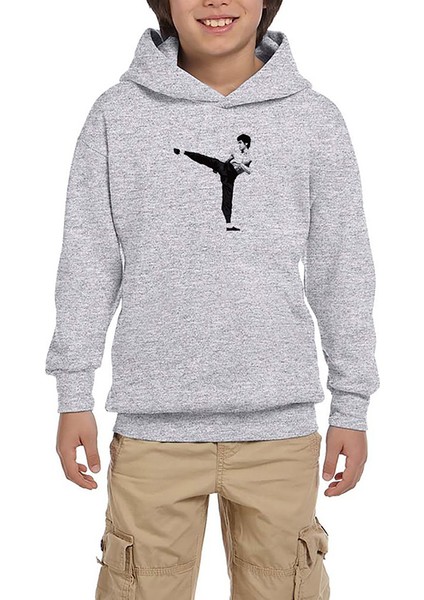 Bruce Lee Kick Deffense Gri Çocuk Kapşonlu Sweatshirt