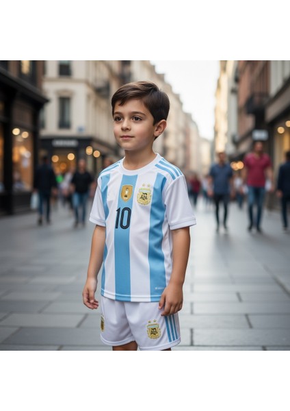 Çocuk Beyaz Şortlu Messi Arjantin Mavi Halı Saha Forma Tişört Armalı Çorap 3'lü