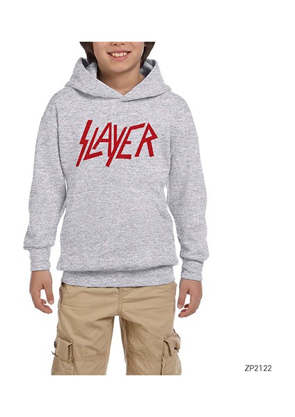 Slayer Flat Logo Gri Çocuk Kapşonlu Sweatshirt