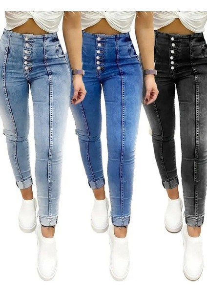 Kadın Yüksek Bel Önden Düğmeli Jean Pantolon fırsatları