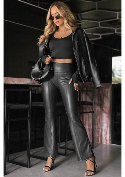 Kadın Yüksek Bel Paçaya Doğru Geniş Deri Pantolon fırsatları