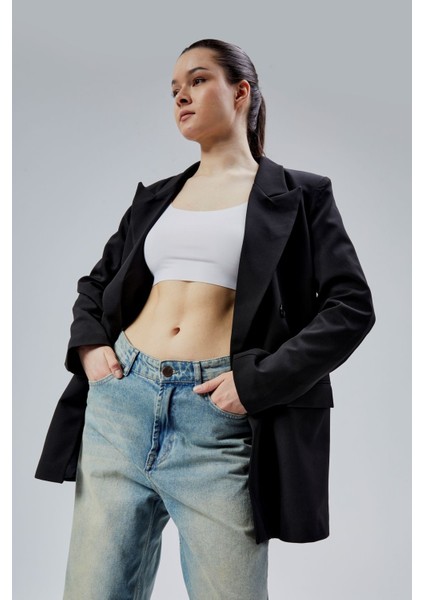 Siyah Regular Astarlı Kruvaze Kapama Dokuma Oversize Blazer Ceket