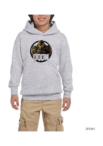 Doom Hero Gri Çocuk Kapşonlu Sweatshirt