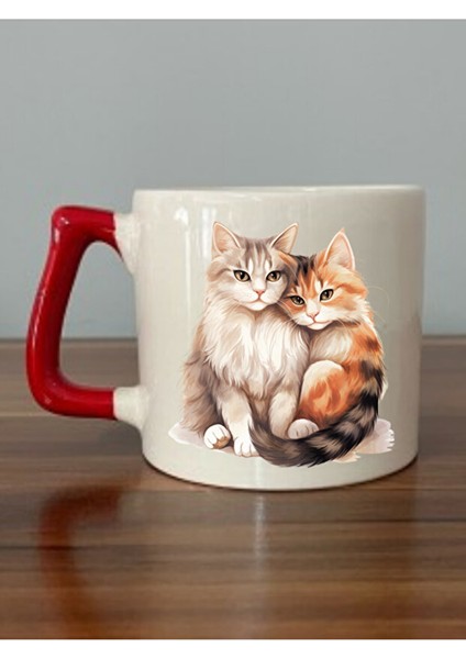 Sarılan Kediler Kırmızı Kulplu Kupa Bardak