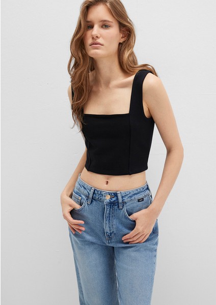 Kare Yaka Siyah Crop Top 1612657-900