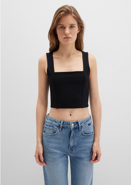 Kare Yaka Siyah Crop Top 1612657-900