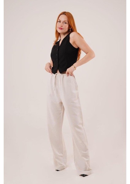 Cepli Bağlama Detaylı Keten Ekru Pantolon fiyatları