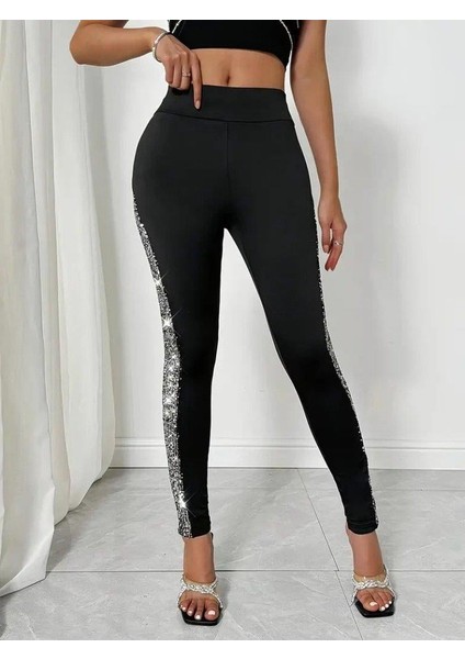 Kadın Yüksek Bel Yarı Şerit Pul Payetli Dalgıç Tayt modelleri