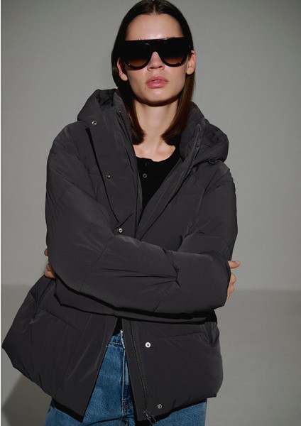 Kapüşonlu Antrasit Şişme Mont 1110225-80106