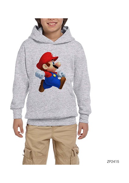 Super Mario Gri Çocuk Kapşonlu Sweatshirt