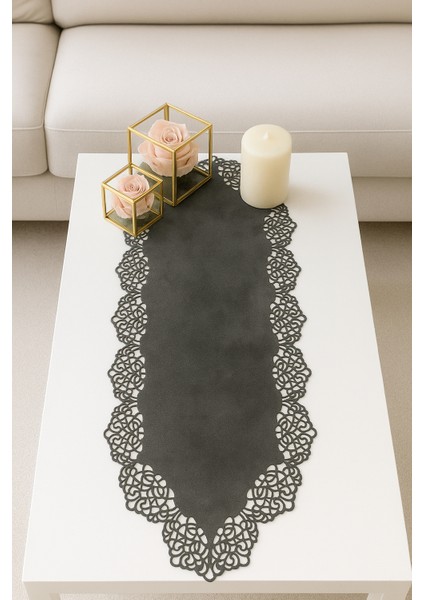 Koyu Gri Süet Kumaş Runner Sehpa Boyu 40X100 Cm
