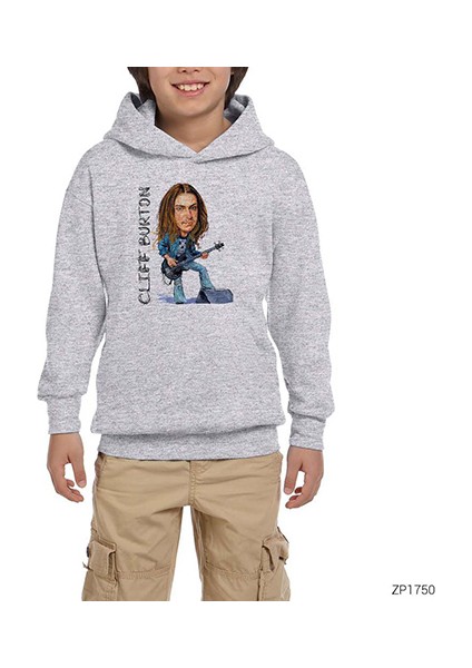 Cliff Burton Cartoon Gri Çocuk Kapşonlu Sweatshirt