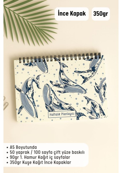 Haftalık Planlayıcı A5 Defter, Esnek Ince Karton Kapaklı, 1 Yıllık Planlayıcı, Balinalar fiyatları