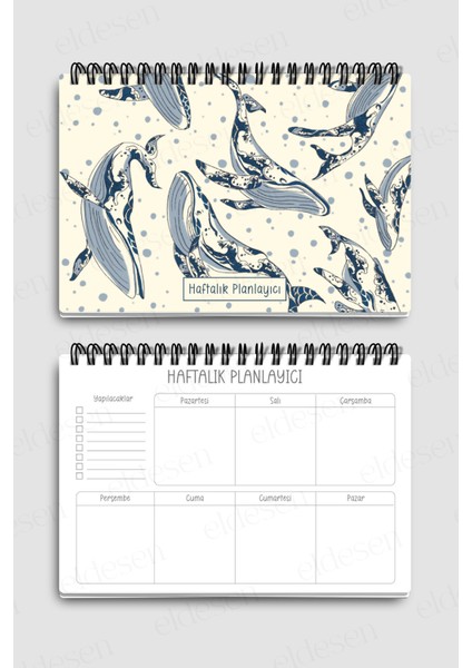 Haftalık Planlayıcı A5 Defter, Esnek Ince Karton Kapaklı, 1 Yıllık Planlayıcı, Balinalar