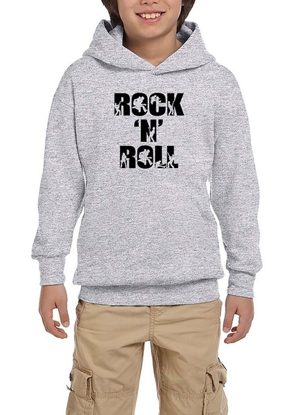 Black Rock 'n' Roll Text Gri Çocuk Kapşonlu Sweatshirt