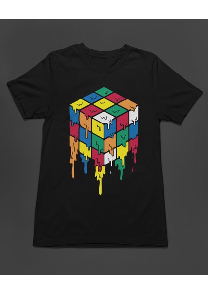 Rubik Zeka Küpü Renkli Kombinasyon Akışkan Baskılı Unisex Tişört T-Shirt