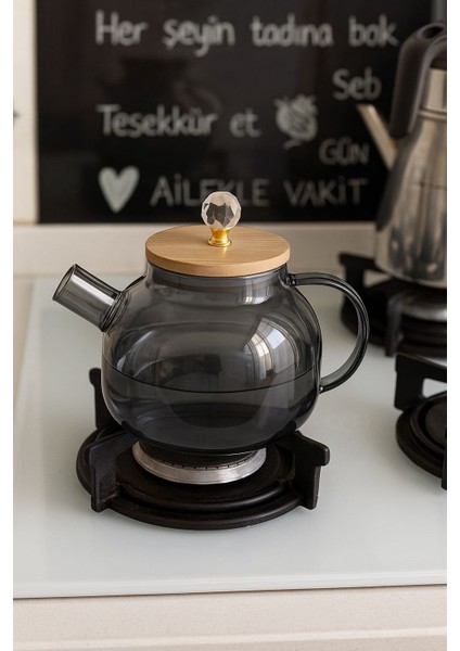 Borosilikat Cam Bambu Kapaklı Kristal Detaylı Bitki Çayı Demliği 1000 ml Füme (Alg)