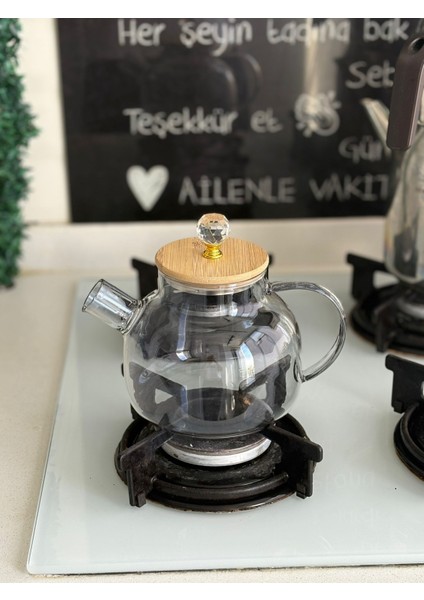 Borosilikat Cam Bambu Kapaklı Kristal Detaylı Bitki Çayı Demliği 1000 ml Füme (Alg) fiyatları