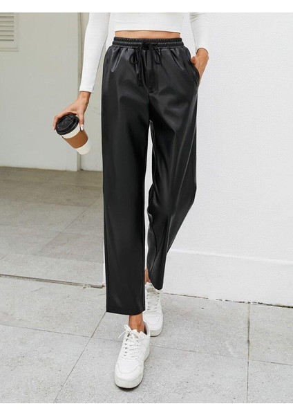 Kadın Yüksel Bel Bağcıklı Deri Pantolon