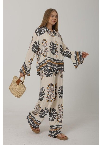 Desenli Kolları Volanlı Pantolon Takım - Antrasit fırsatları