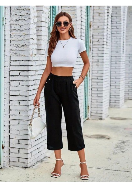 Kadın Beli Lastikli Düğme ve Cep Detaylı Kapri Ithal Keten Pantolon fiyatları