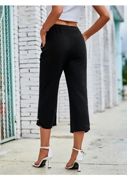 Kadın Beli Lastikli Düğme ve Cep Detaylı Kapri Ithal Keten Pantolon indirimleri