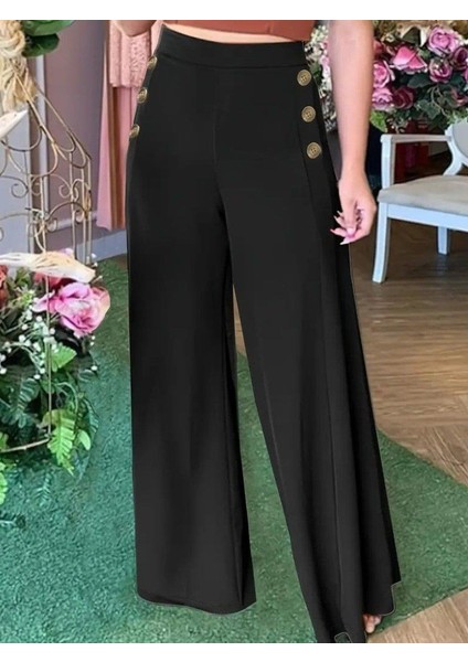 Kadın Yüksek Bel Yan Düğme Detaylı Geniş Paçalı Ithal Krep Pantolon modelleri