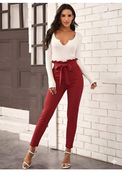 Kadın Yüksek Bel Beli Fırfırlı Önden Bağlamalı Ithal Krep Pantolon modelleri