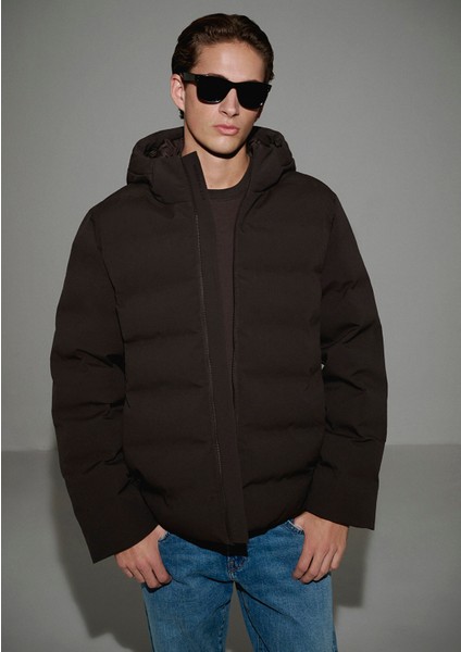 Kapüşonlu Kahverengi Şişme Mont 0110652-70219