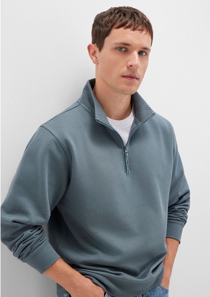 Yarı Fermuarlı Mavi Basic Sweatshirt 0S10278-80889