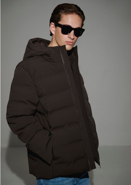 Kapüşonlu Kahverengi Şişme Mont 0110652-70219