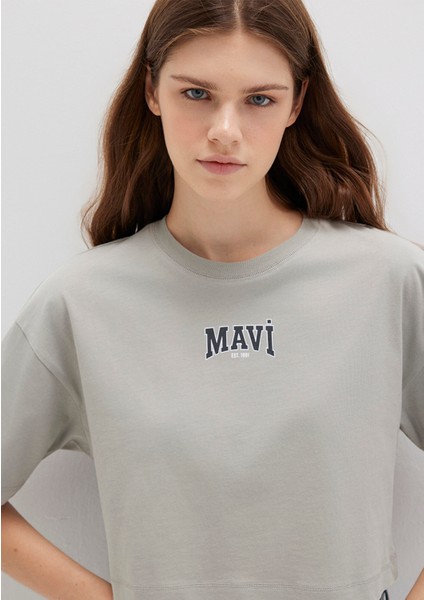 Mavi Logo Baskılı Gri Crop Tişört 1613411-70112