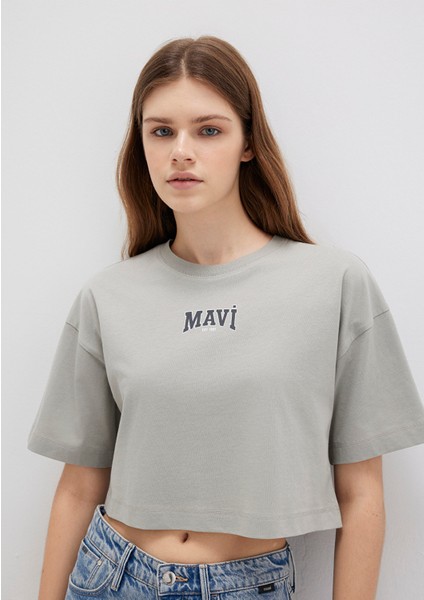 Mavi Logo Baskılı Gri Crop Tişört 1613411-70112