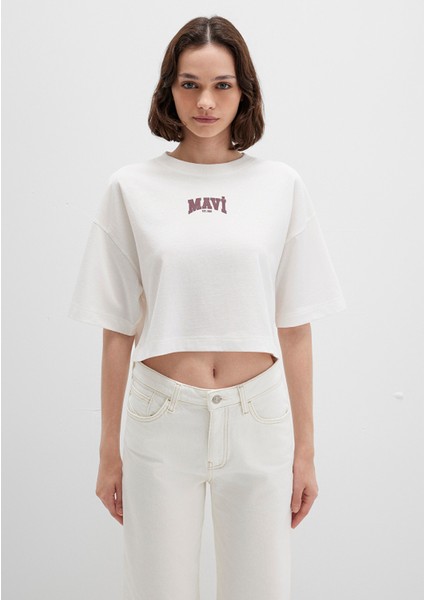 Mavi Logo Baskılı Ekru Crop Tişört 1613411-70057