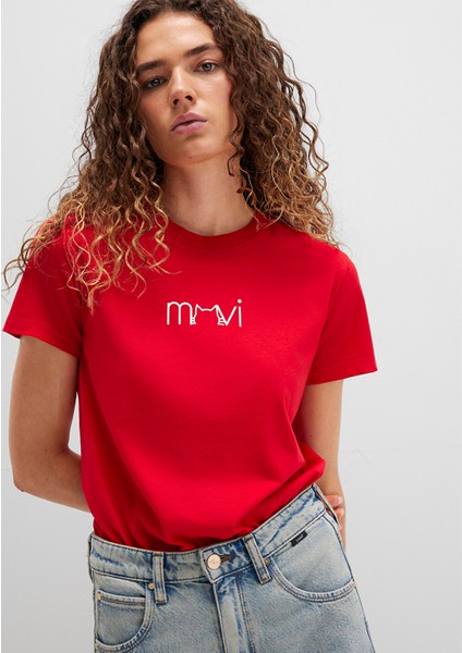 Mavi Kedi Baskılı Kırmızı Tişört 1613387-82054