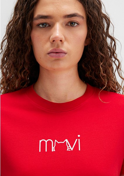 Mavi Kedi Baskılı Kırmızı Tişört 1613387-82054