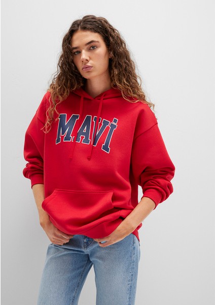 Mavi Logo Baskılı Kapüşonlu Kırmızı Sweatshirt 1600361-82054
