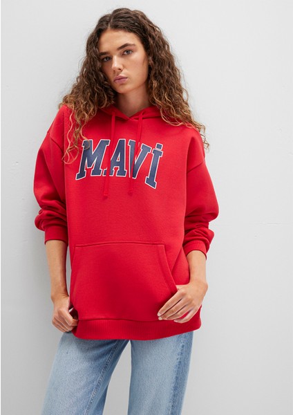 Mavi Logo Baskılı Kapüşonlu Kırmızı Sweatshirt 1600361-82054