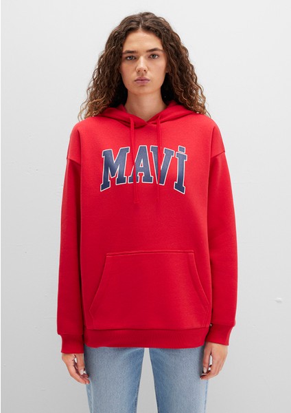 Mavi Logo Baskılı Kapüşonlu Kırmızı Sweatshirt 1600361-82054