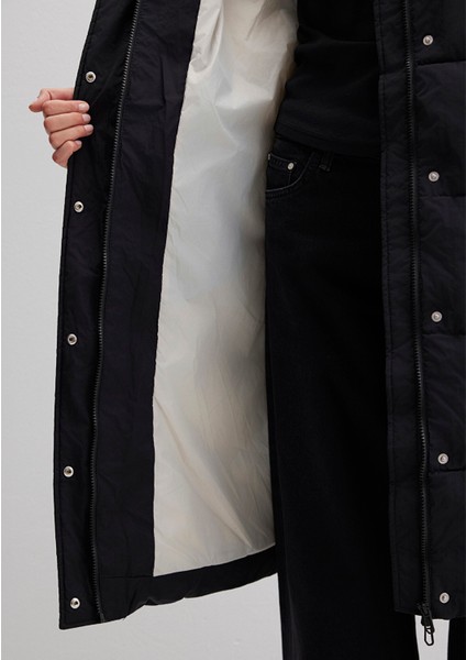 Kapüşonlu Siyah Uzun Şişme Mont 1110228-900