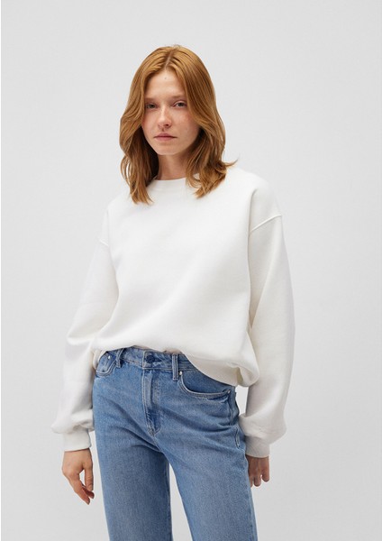 Bisiklet Yaka Beyaz Basic Sweatshirt 1610198-70057